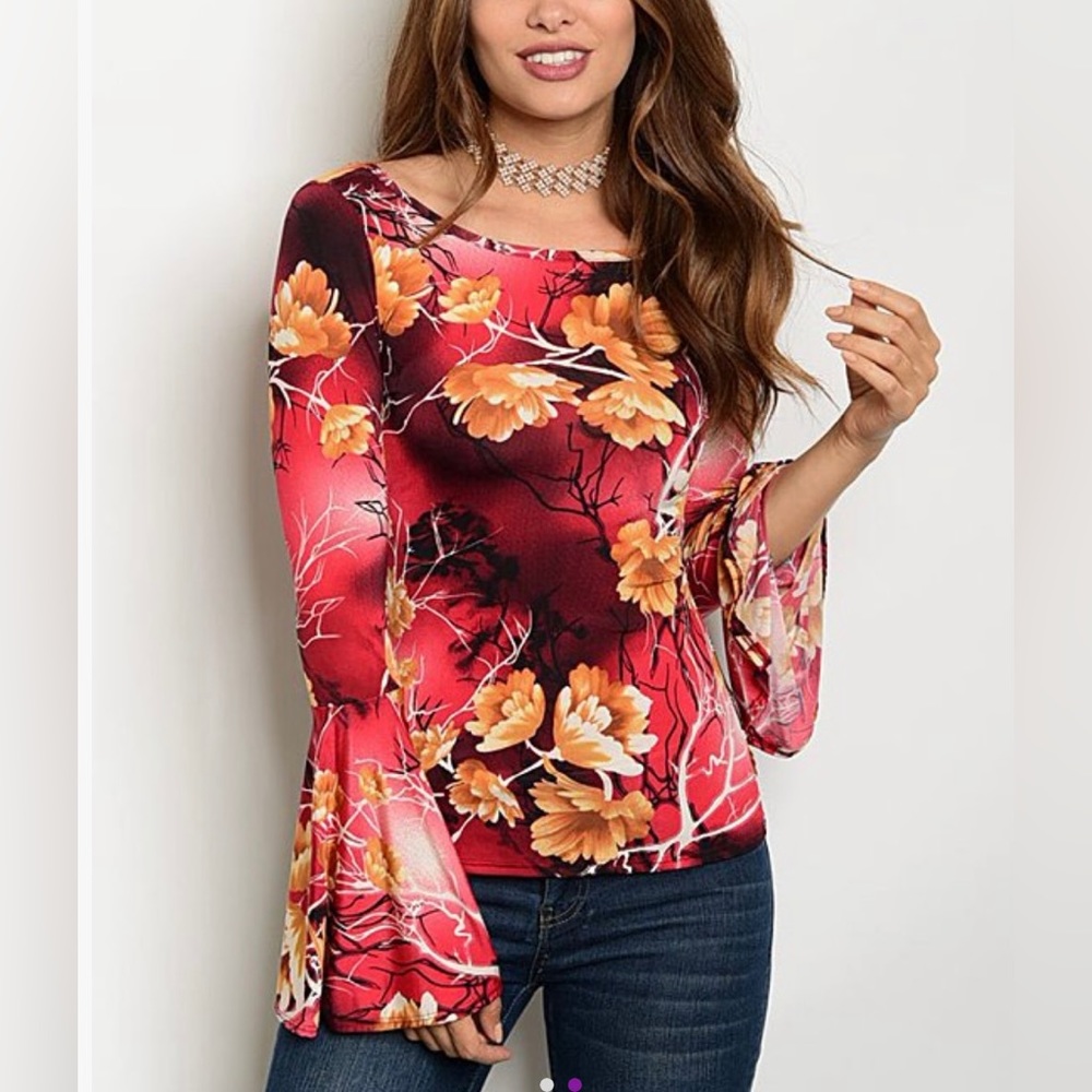 Forever Lily  Red & Yellow Floral Bell-Sleeve Scoop
Neck Top